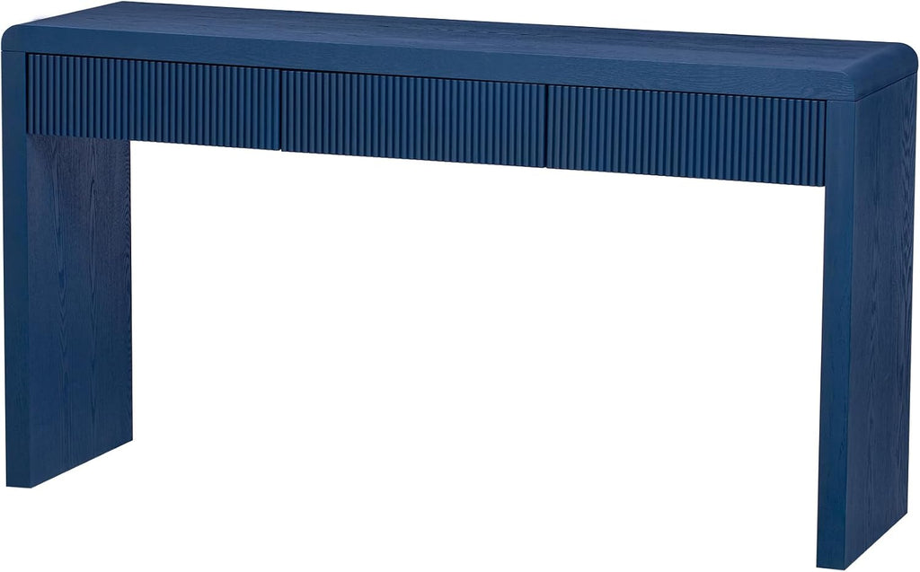 Knocbel Console Table with 3 Fluted Drawers, Rustic Sofa Tables with Solid Wood Veneer & Wood Grain for Entryway Hallway Living Room, 55.1" W x 15.8" D x 29.8" H, Navy