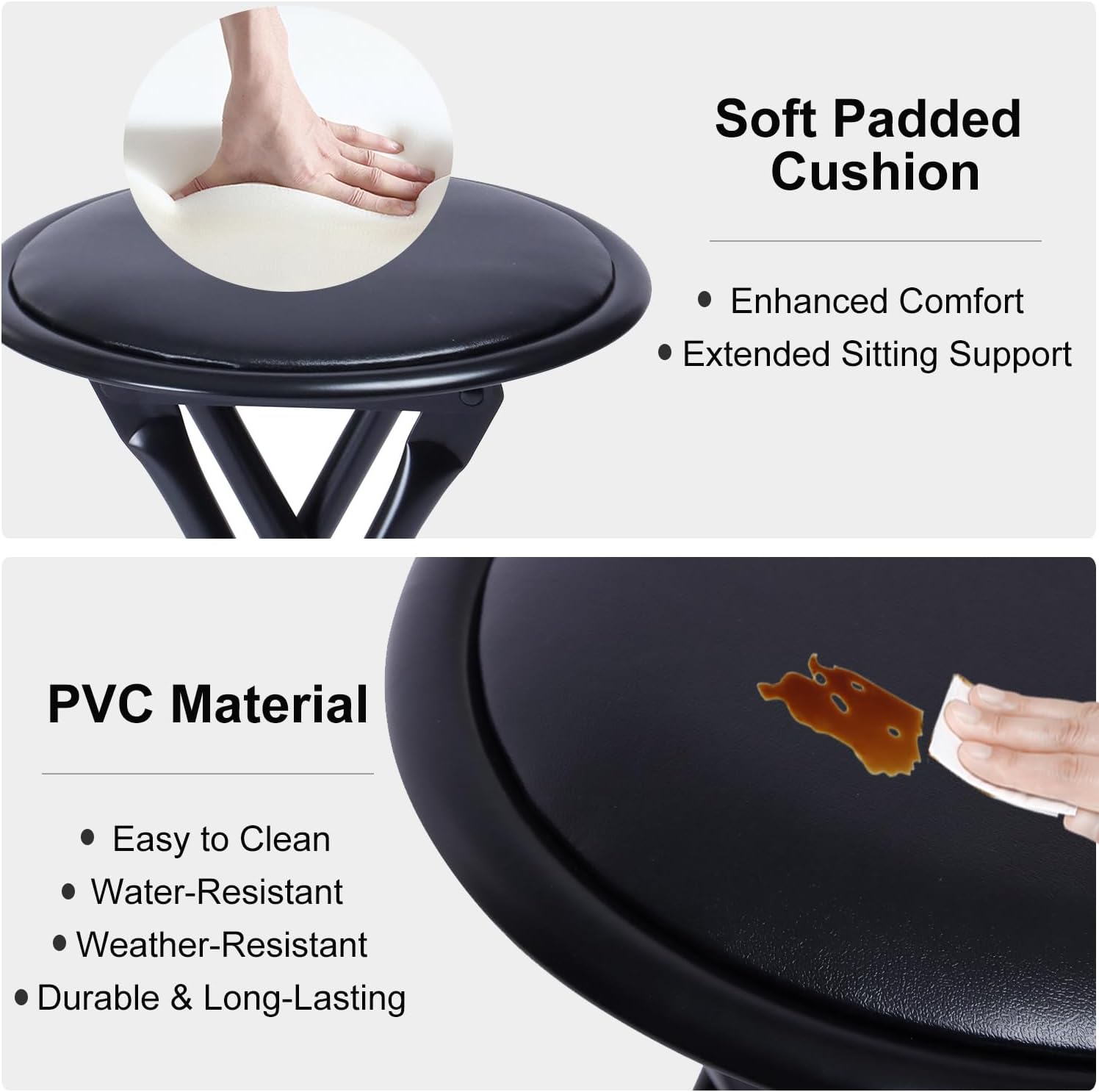 FurnitureR Folding Stool, Backless 18-Inch Stool Chair Collapsible Padded Round Portable for Indoor/Outdoor, Metal Frame, PVC Cushion, No Assembly Required, Set of 1, Black