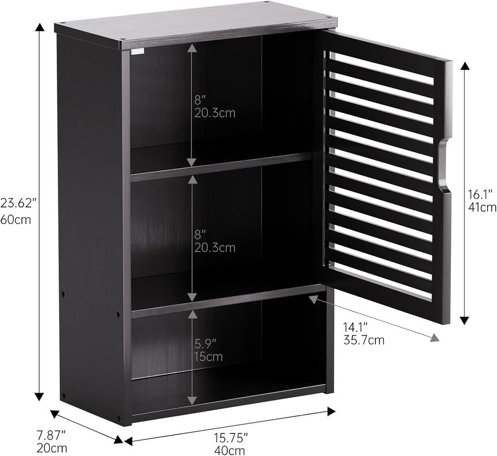 HITNET Bathroom Storage Cabinet Wall Mounted, Hanging Medicine Cabinet with Adjustable Shelf, Over the Toilet Space Saver Organizer, Black Bamboo Kitchen Cupboard, Single Door