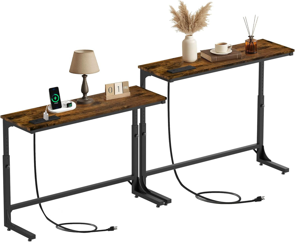 2 Pack Wide Behind Couch Table with Charging Station, 11.8" Deep C-Shaped Sofa Table, 78.8" Long Narrow Console Table with Adjustable Height (25"-33"), USB-C & Outlets, Rustic Brown