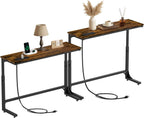 2 Pack Wide Behind Couch Table with Charging Station, 11.8" Deep C-Shaped Sofa Table, 78.8" Long Narrow Console Table with Adjustable Height (25"-33"), USB-C & Outlets, Rustic Brown