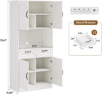 71" Tall Pantry Cabinet with Charging Station, Freestanding Kitchen Pantry Storage Cabinet with Adjustable Shelves & 2 Drawers, Kitchen Hutch with Open Countertop for Dining Room, White