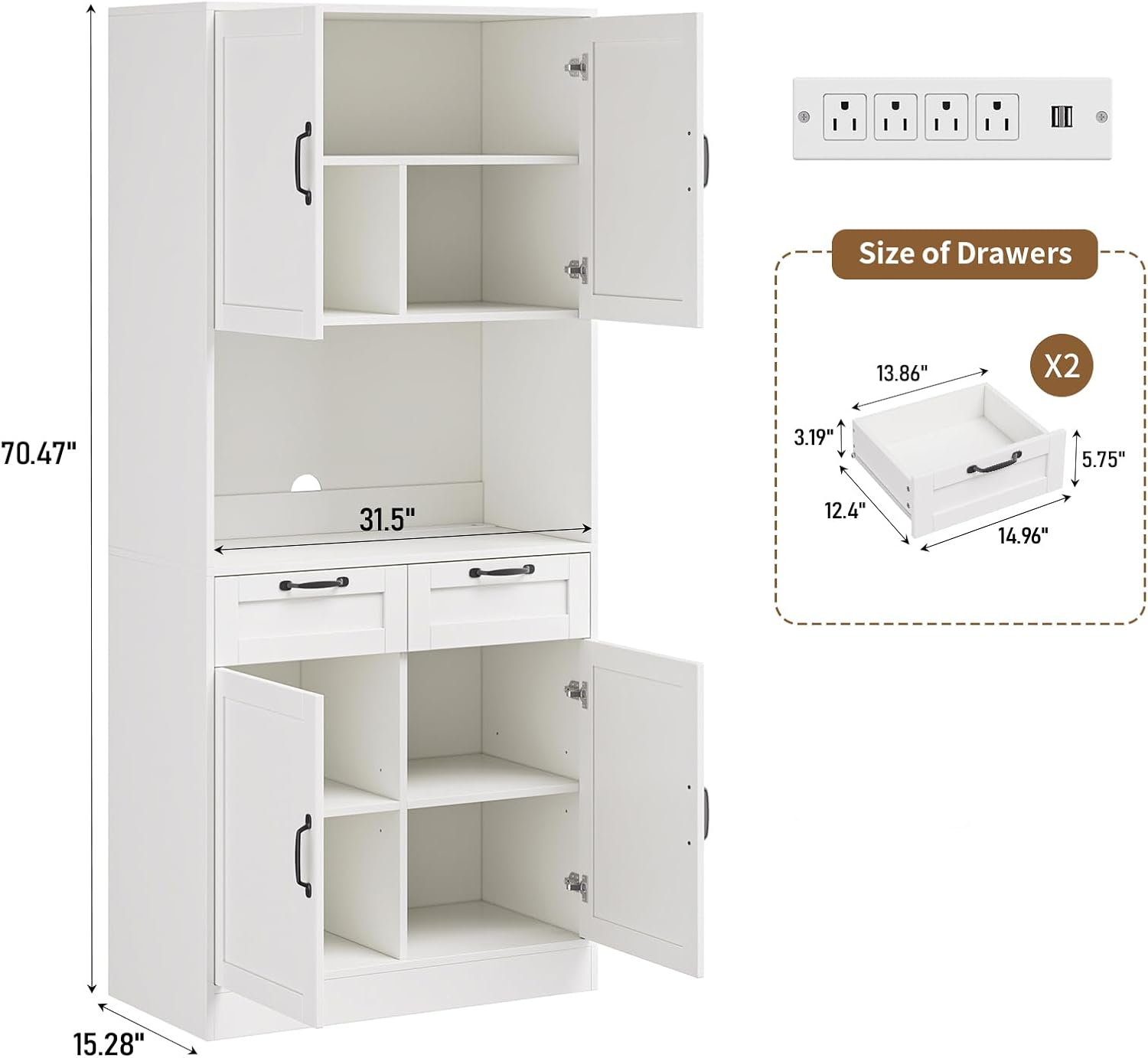 71" Tall Pantry Cabinet with Charging Station, Freestanding Kitchen Pantry Storage Cabinet with Adjustable Shelves & 2 Drawers, Kitchen Hutch with Open Countertop for Dining Room, White