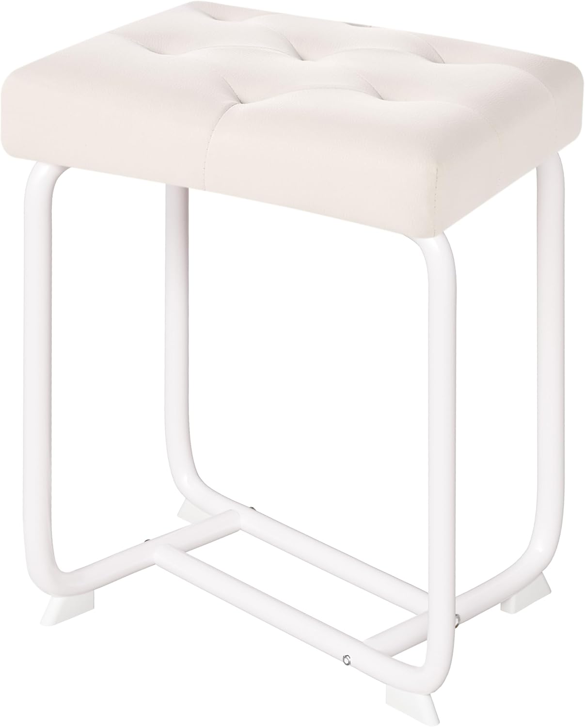 BEWISHOME White Vanity Chair, Leather Vanity Stool, Small Stool Chair for Vanity, Square Ottoman Foot Stool, Makeup Vanity Chairs with Thick Padded Seat for Bathroom, Bedroom, Entryway, KFD01W