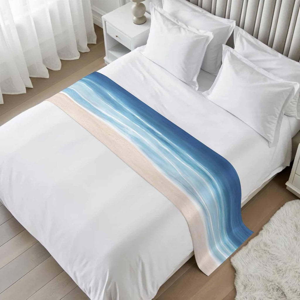 Bed Runner Scarf for Cal.King Size Bed, Navy Blue Coastal Beds Scarf Throws for Foot of Bedding, Waves Summer Beach Ocean Sea Decorative Beds Runners for Bedroom Guestroom, 102"x20"
