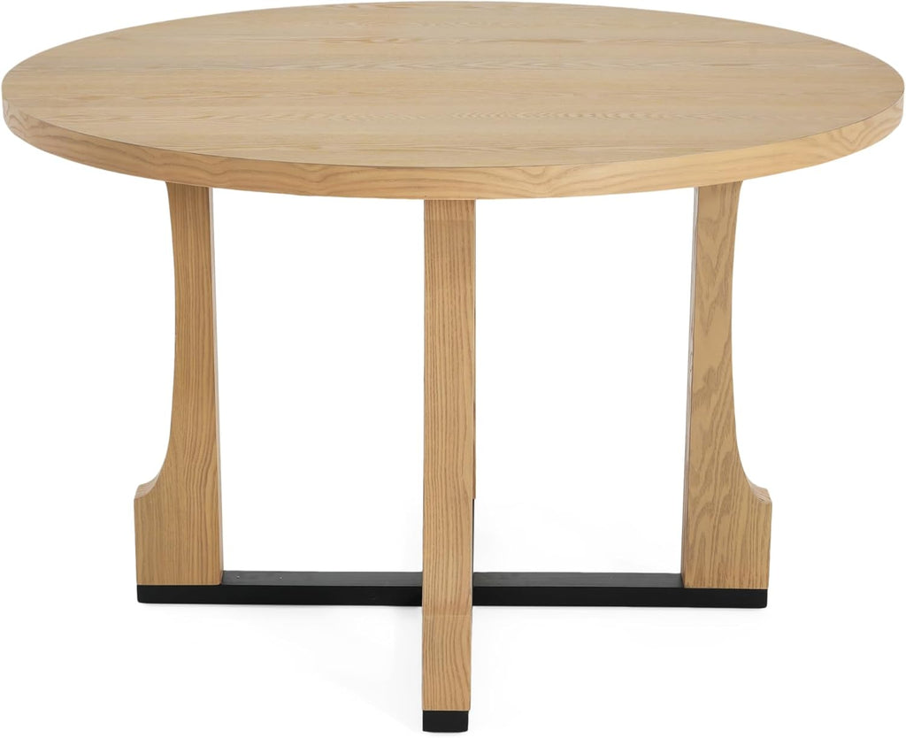 48" Small Round Dining Table with Wood Legs and Metal Cross Base, Natural Ash Solid Wood Kitchen Dinner Table for 2-4 Person, Easy Assembly, Without Chairs
