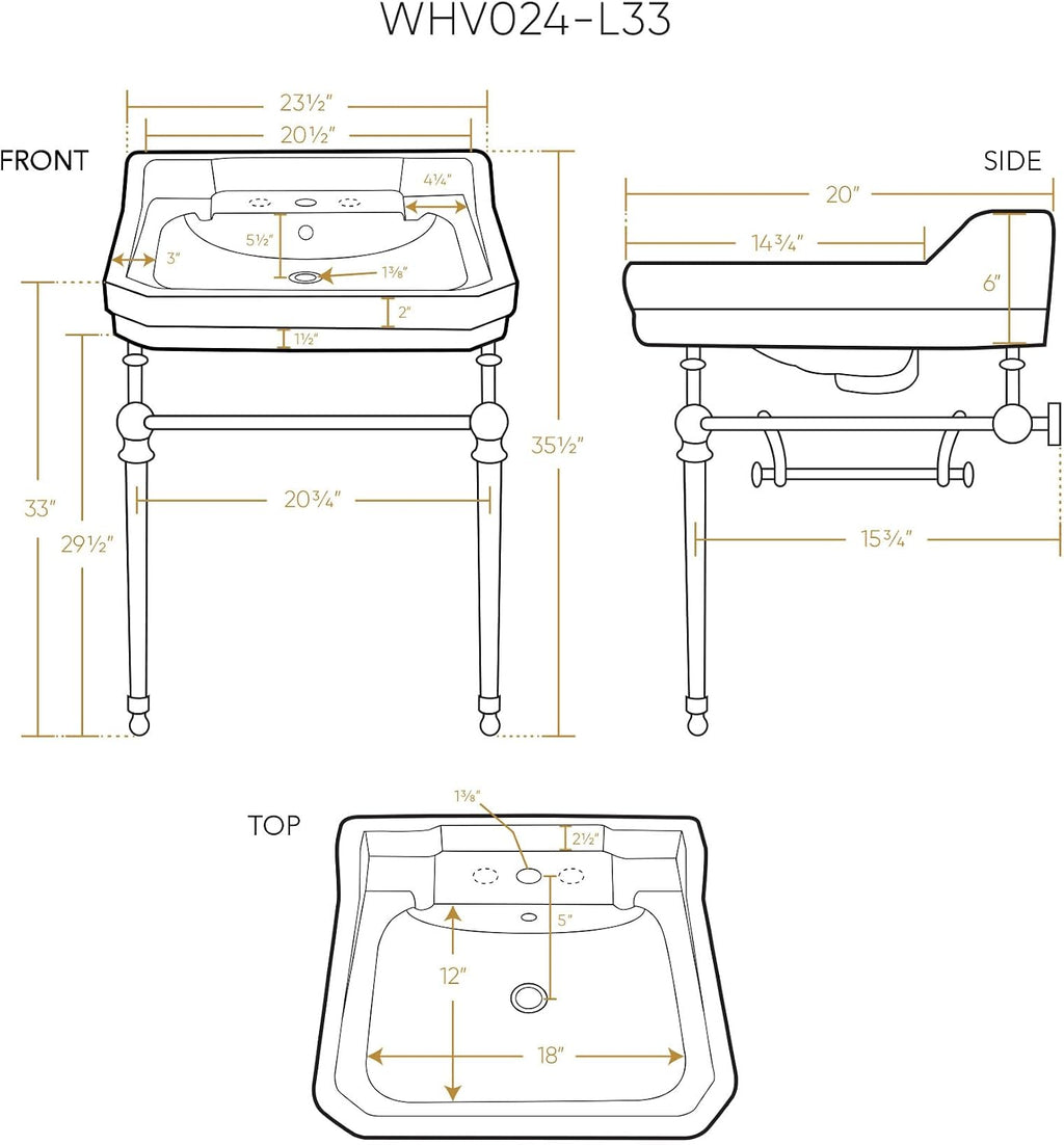 Whitehaus Collection WHV024-L33-3H-C Victorian Style Bath Console Sink with Interchangeable Towel Bar and Backsplash