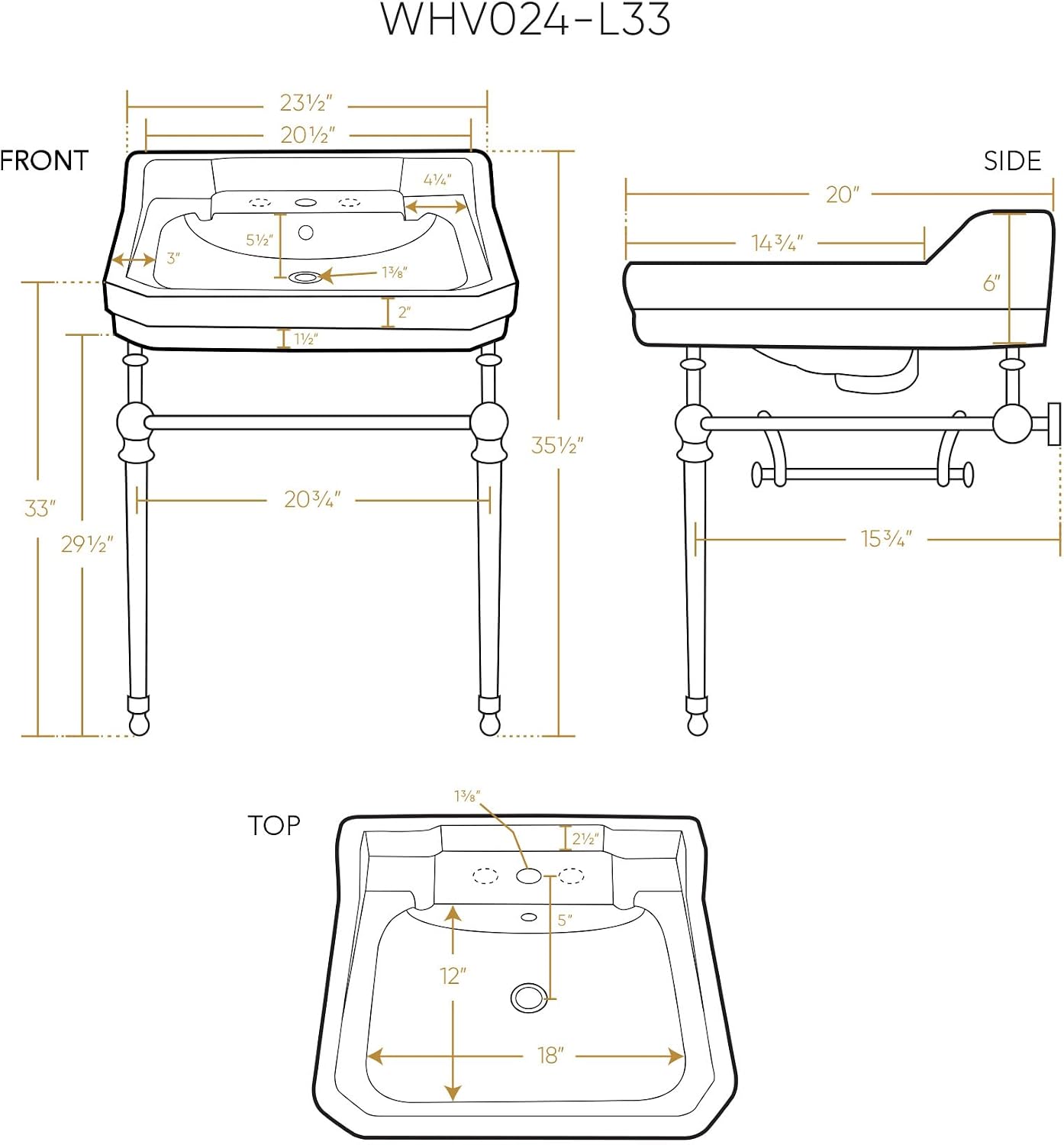 Whitehaus Collection WHV024-L33-3H-C Victorian Style Bath Console Sink with Interchangeable Towel Bar and Backsplash