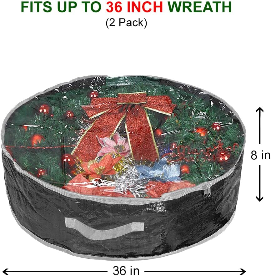 Propik Christmas Wreath Storage Bag 36" - Garland Holiday Container with Clear Window - Tear Resistant Fabric - 2 Pack (36 Inch, Black)