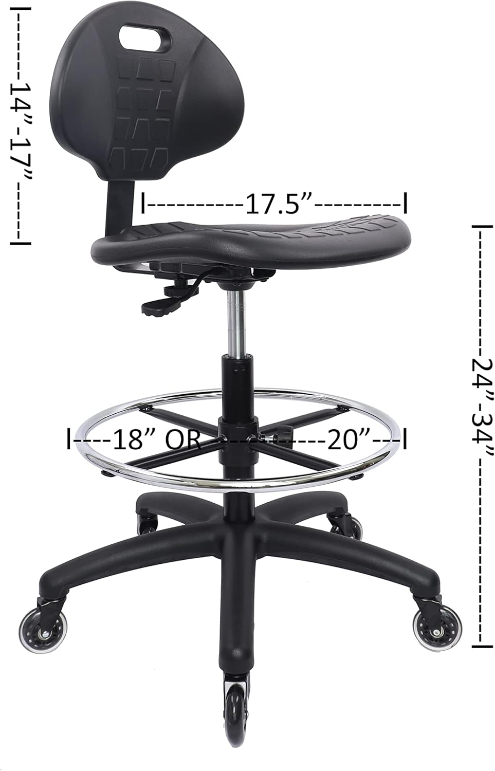 (Tall Bench Stool, Rubber Roller Blade Stye Casters Easy to Clean! Ergonomic Polyurethane Drafting Stool. Seat Height Range 24"-34". Home Office Lab Workstation.