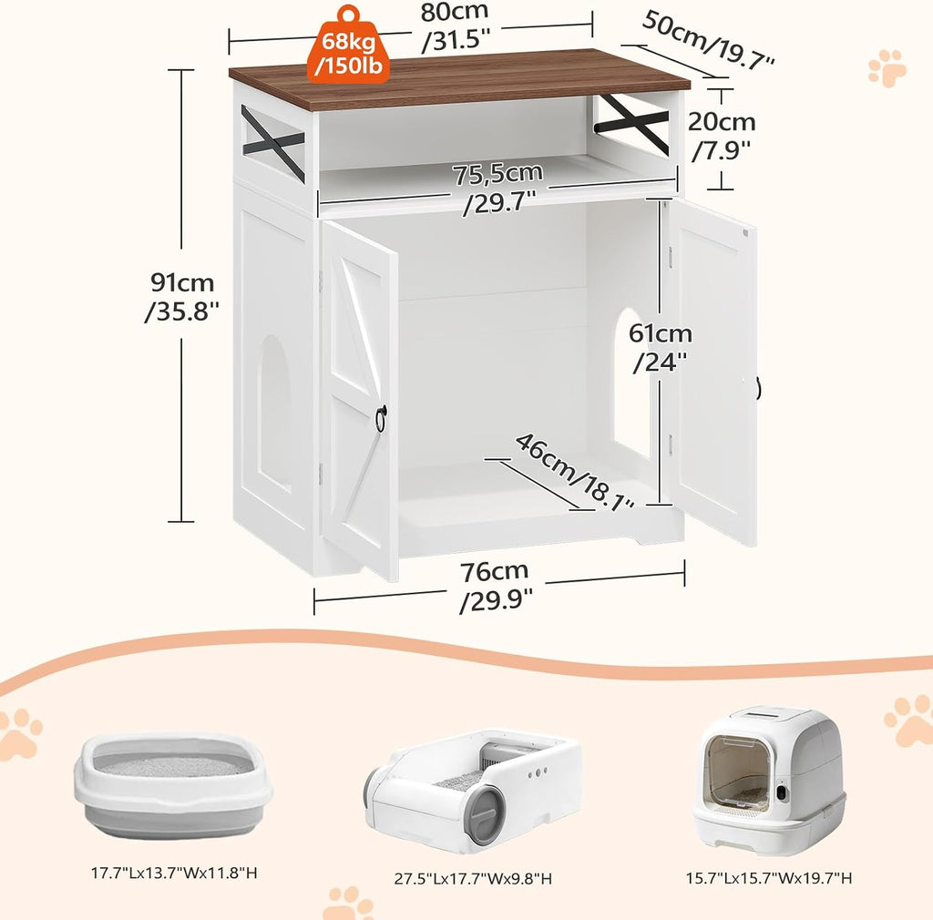 MAHANCRIS End Table and Cat Litter Box Enclosure Bundle, C-Shaped Narrow Side Table with LED Light, Wooden Cat Washroom Cabinet, for Small Spaces, Living Room, Bedroom, ETWT18E01Z-CWBZ4501