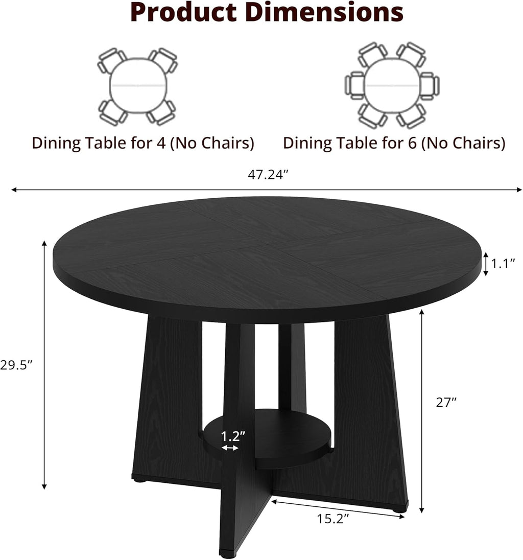 Black Round Dining Table for 4-6, 47 Inch Black Kitchen Table with Storage Shelf & Wood Pedestal Base, Modern Circle Dining Room Table for Small Apartment, Home Office, Living Room