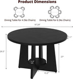 Black Round Dining Table for 4-6, 47 Inch Black Kitchen Table with Storage Shelf & Wood Pedestal Base, Modern Circle Dining Room Table for Small Apartment, Home Office, Living Room