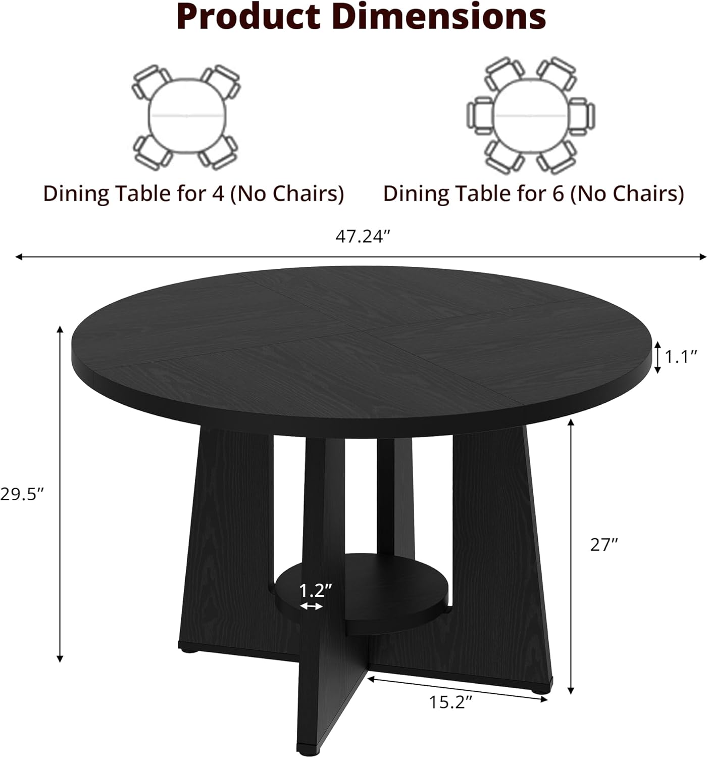Black Round Dining Table for 4-6, 47 Inch Black Kitchen Table with Storage Shelf & Wood Pedestal Base, Modern Circle Dining Room Table for Small Apartment, Home Office, Living Room