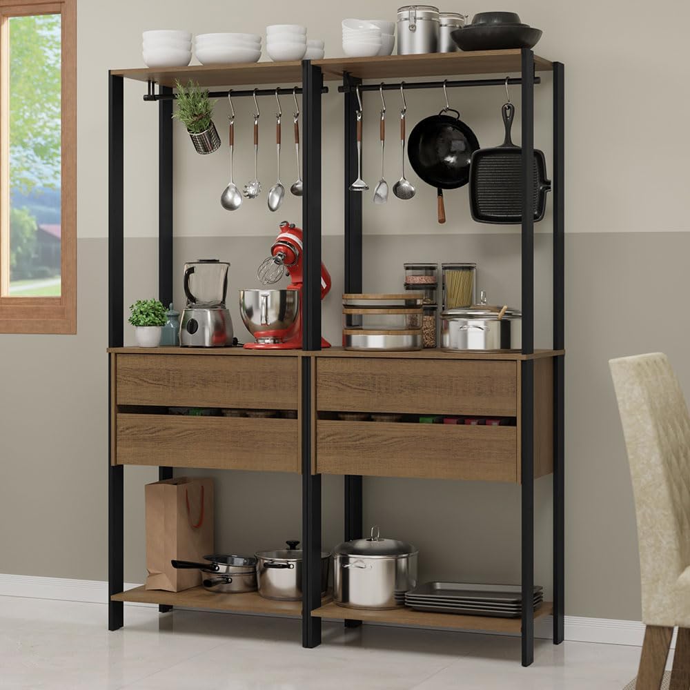 Madesa Kitchen Pantry Storage Rack with 4 Drawers 4 Shelves and 2 Hanging Rods 55" L Modular Multiuse Cabinet for Kitchen Organization - Black/Brown