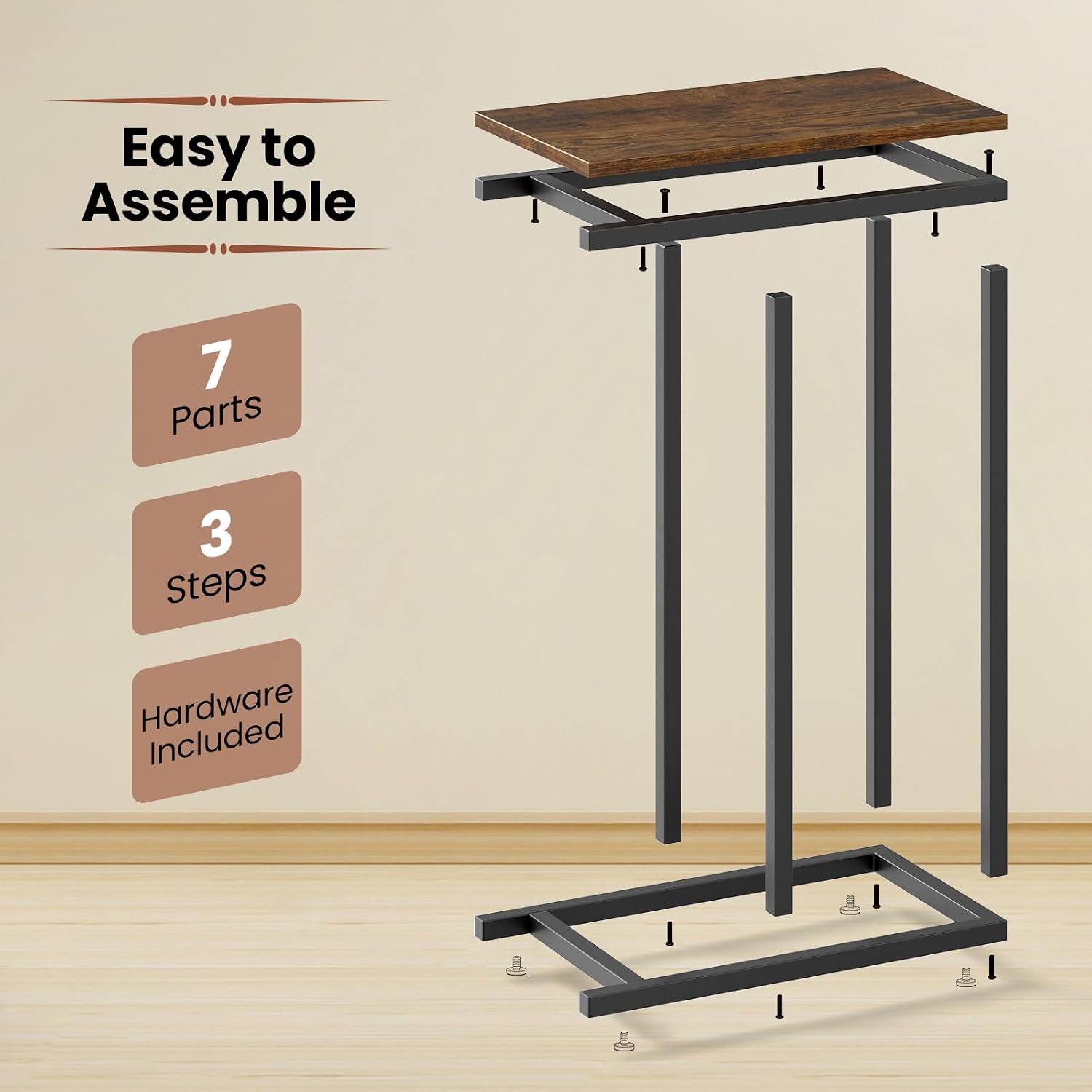 HOMGX C-Shaped Sofa Side Table, Industrial End Table with Metal Frame, Compact Bedside Table, Couch Side Table for Bedroom, Study, Living Room (Rustic Brown)