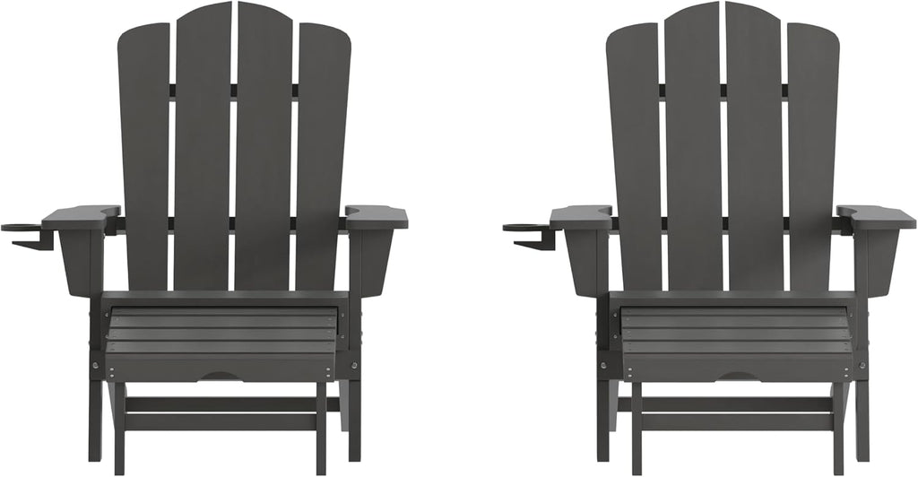 Flash Furniture Newport Adirondack Cup Holder and Pull Out Ottoman, All-Weather HDPE Indoor/Outdoor Lounge Chair, Set of 2, Gray
