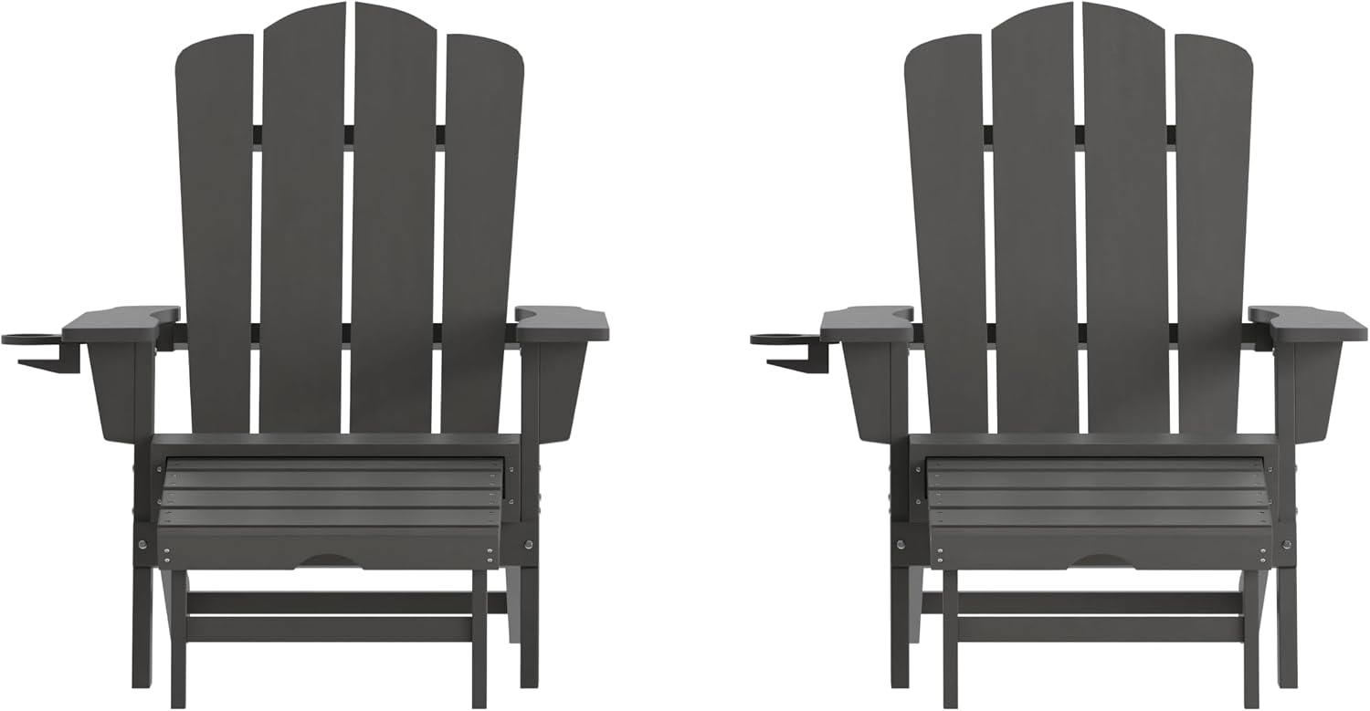 Flash Furniture Newport Adirondack Cup Holder and Pull Out Ottoman, All-Weather HDPE Indoor/Outdoor Lounge Chair, Set of 2, Gray