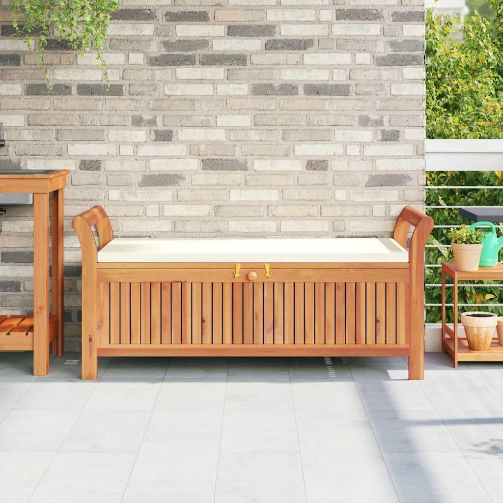 Acacia Wood Patio Storage Bench with Cushion, 49.6 Inch Outdoor Garden Storage Bench with Curved Arms, Solid Wooden Seat for Cushions Pillows Blankets Toys