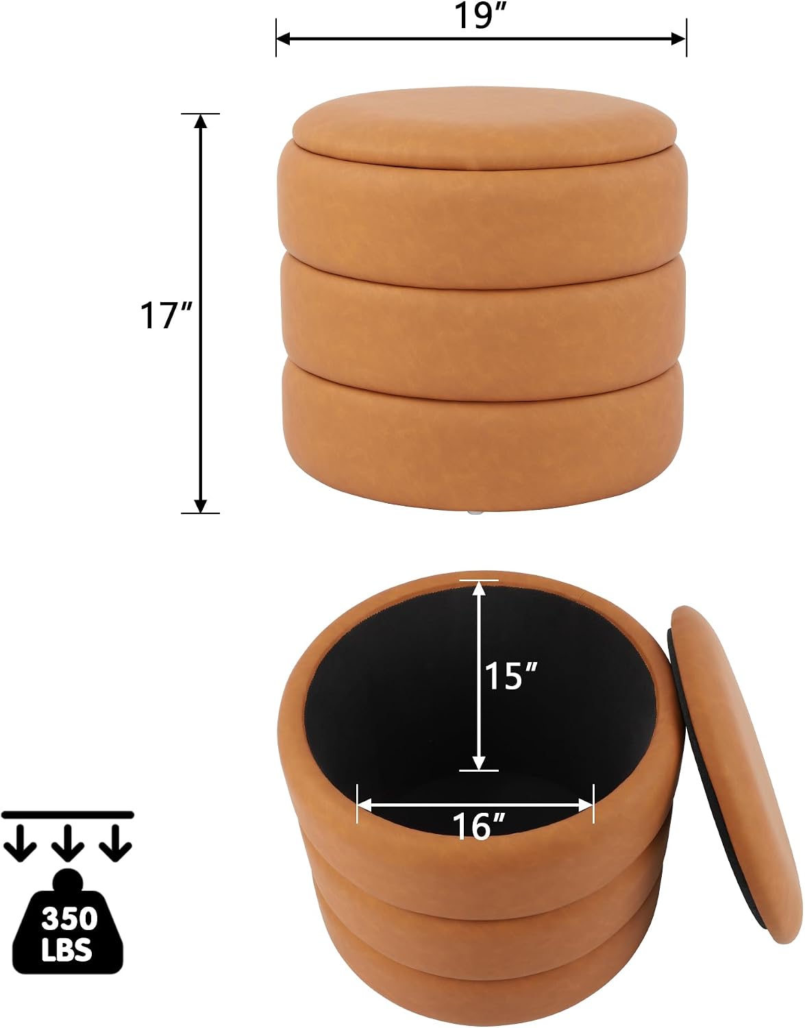 DAGONHIL Round Ottoman with Storage, PU Leather Footrest, Hidden Storage Ottoman Stool,Vanity Stool for Bedroom, Living Room, Entryway, Brown