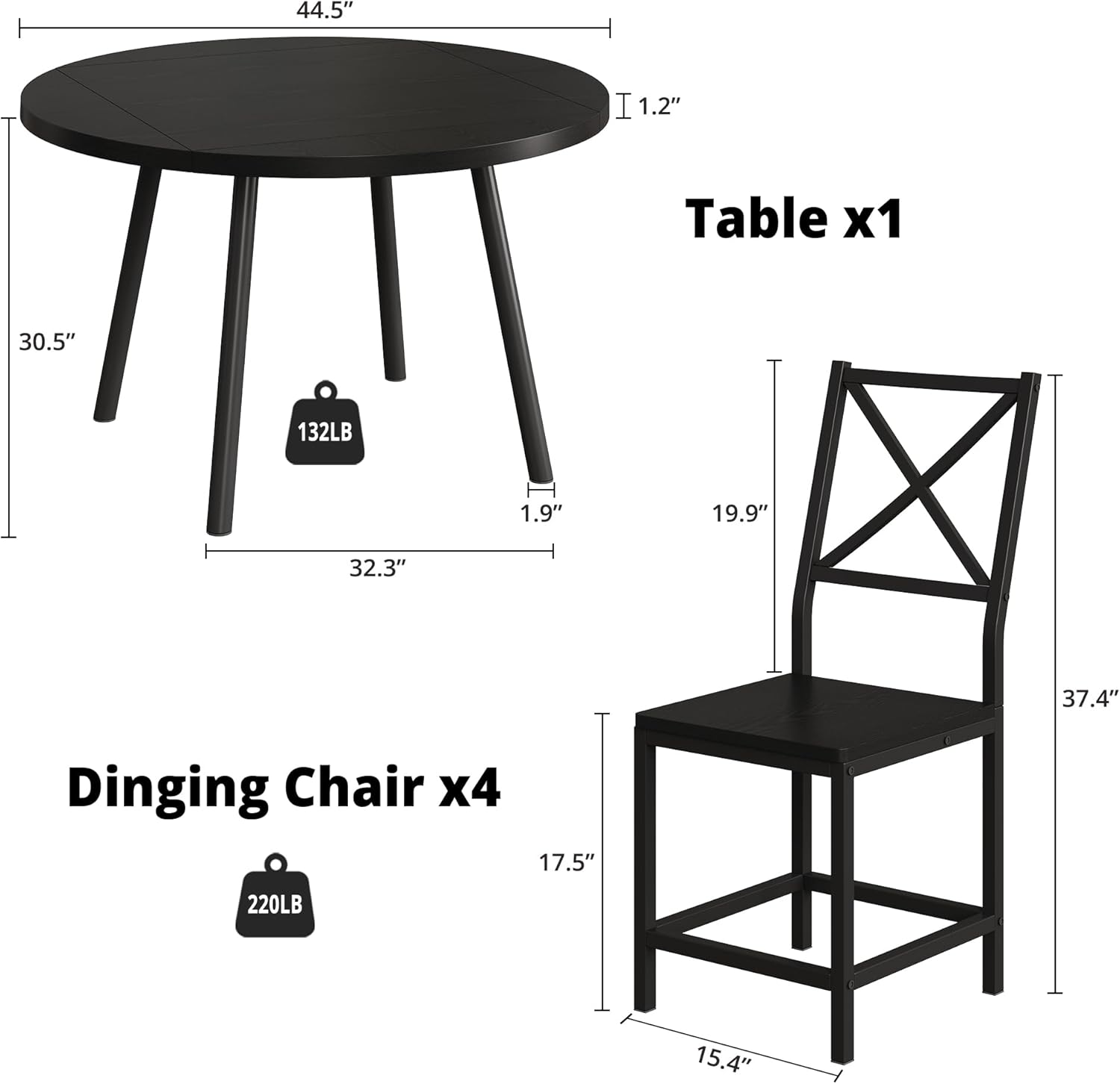IRONCK Round Dining Table Set for 4, Extendable Kitchen Table with 4 Chairs, 44.5" Drop Leaf Desk, Folding for Small Space, Apartment, Black