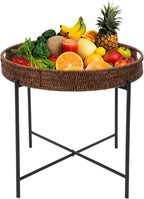 Retro Foldable Imitation Rattan Round Coffee Table, Imitation Wicker Wooden End Table with Removable Tray and 10lbs Load Capacity, for Living Room, Bedroom, Office, Bathroom, Bar, Balcony