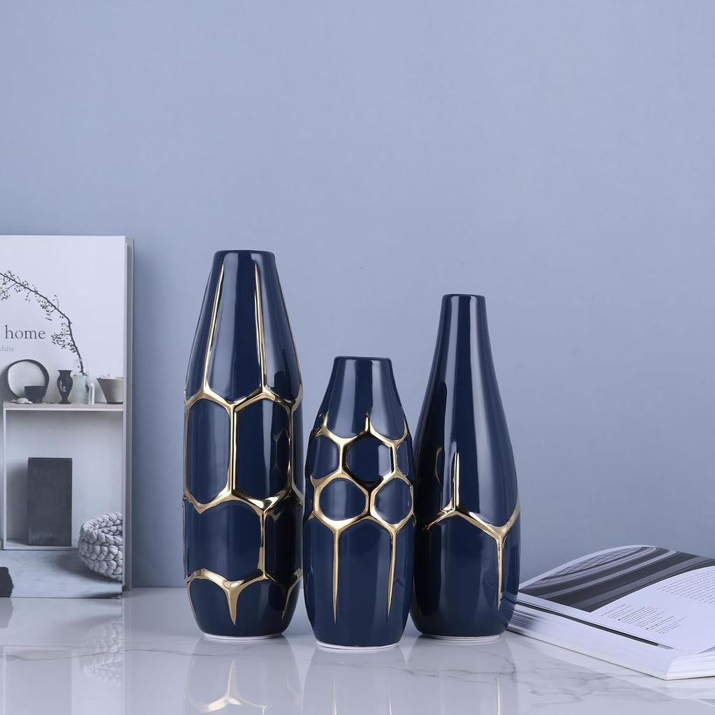 Blue and Gold Ceramic Vase Set of 3, Geometric Decorative Ellipse Vases for Living Room Shelf, Mantel, Table Centerpieces, Bathroom Countertop, Modern Rustic Farmhouse Home Decor (Blue)
