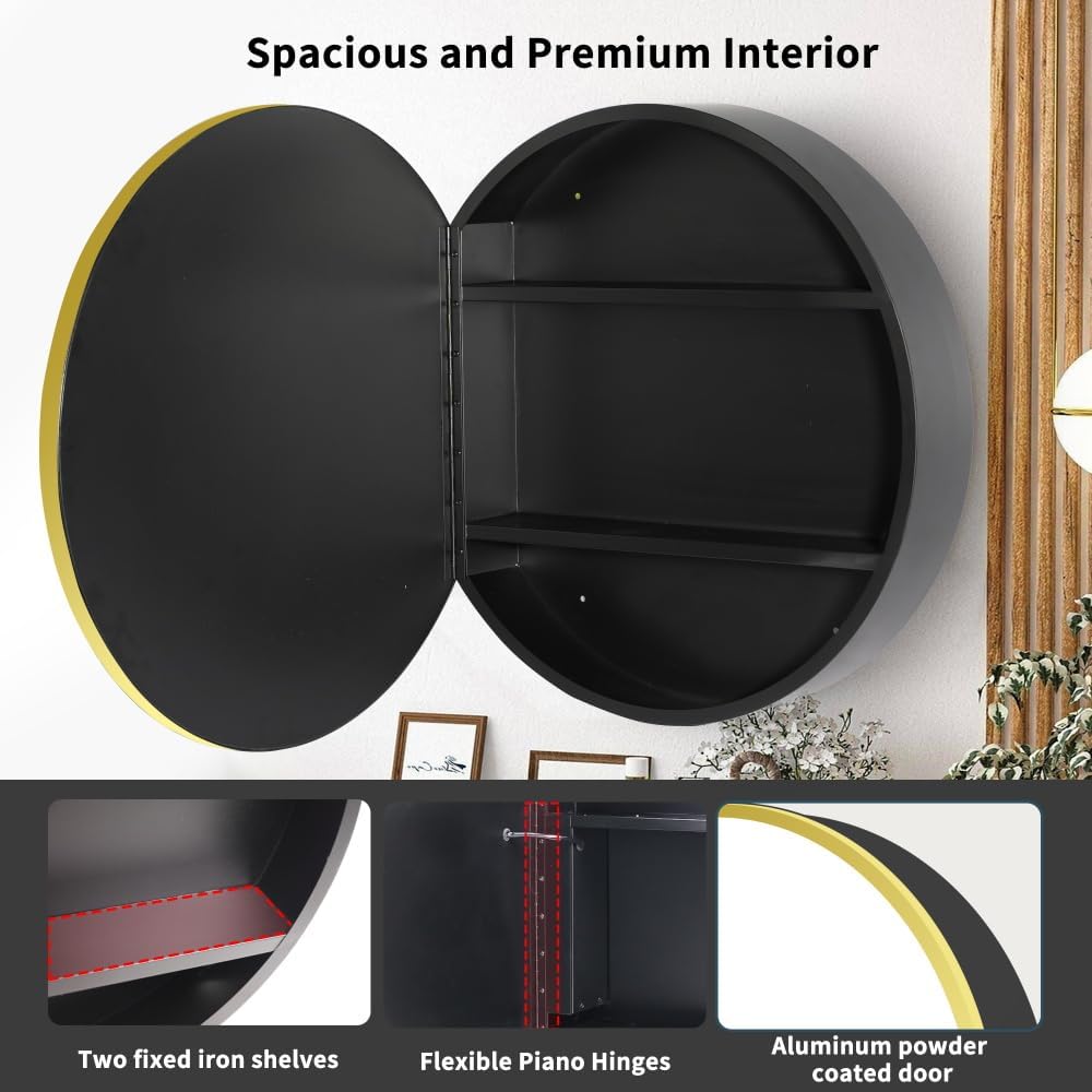 Movo 26 Inch x 26 Inch Round Circle Black Aluminuml Framed Bathroom Mirror Medicine Cabinet, Circular Storage Cabinet Surface Mounted Gold