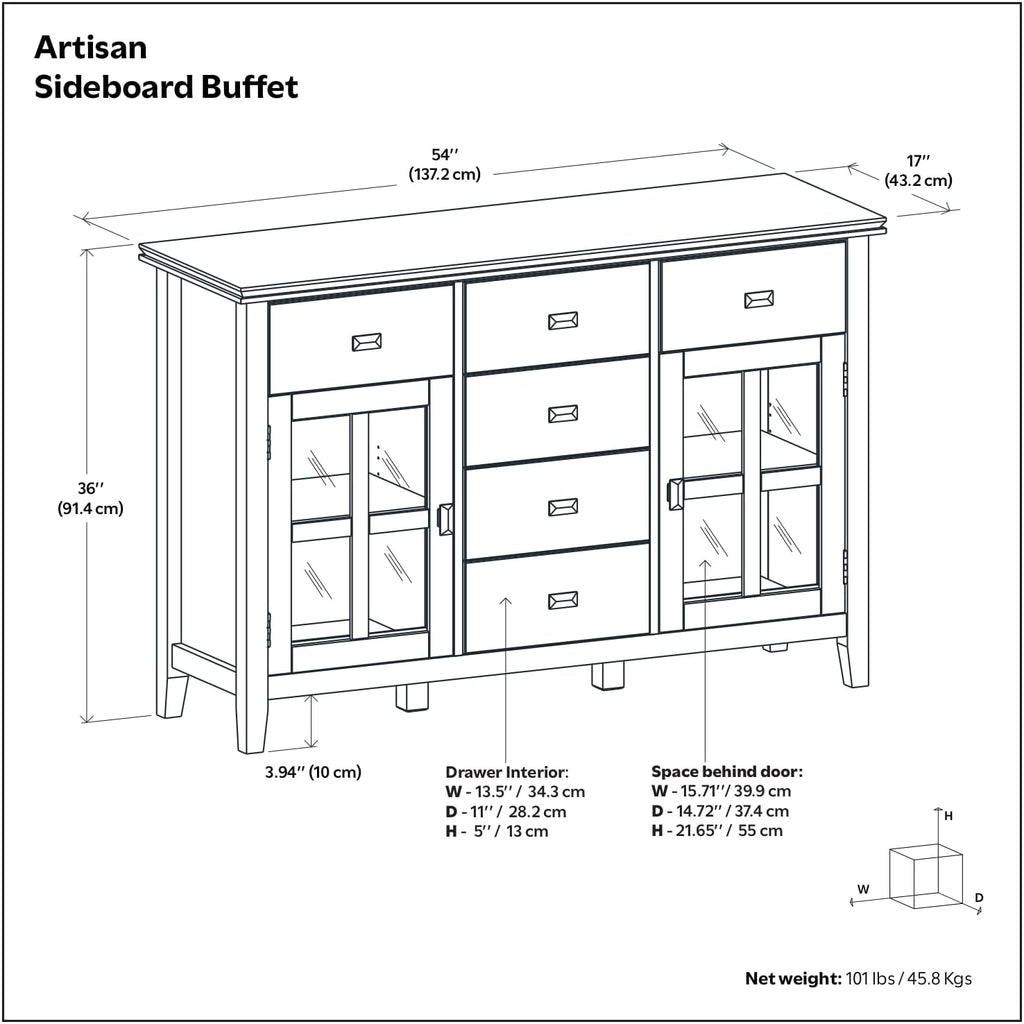 SIMPLIHOME Artisan Buffet - 54 inch Wide Solid Wood 3-Door Sideboard Buffet in Natural Aged Brown, Transitional Storage Cabinet for Dining Room or Kitchen with Adjustable Shelves and Bronze Hardware