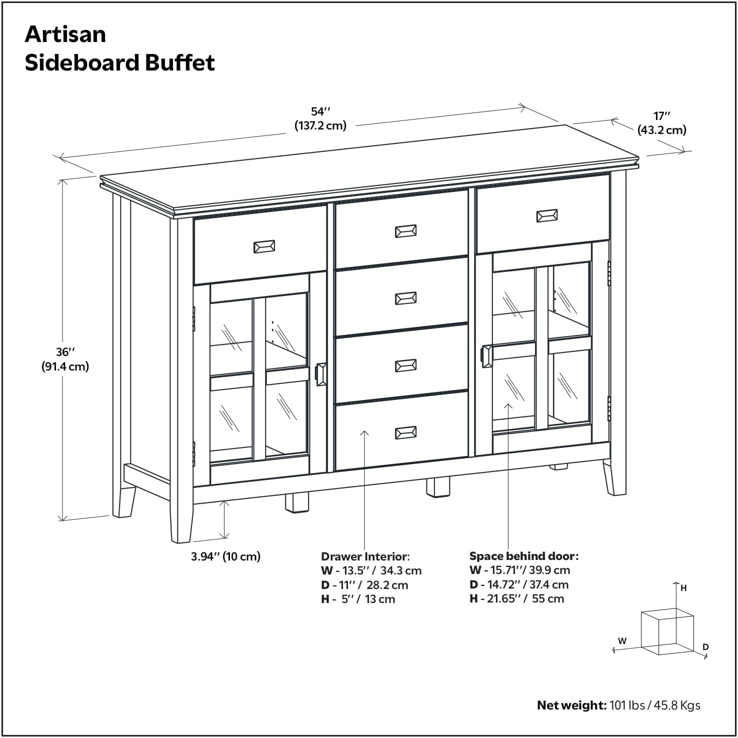 SIMPLIHOME Artisan Buffet - 54 inch Wide Solid Wood 3-Door Sideboard Buffet in Natural Aged Brown, Transitional Storage Cabinet for Dining Room or Kitchen with Adjustable Shelves and Bronze Hardware