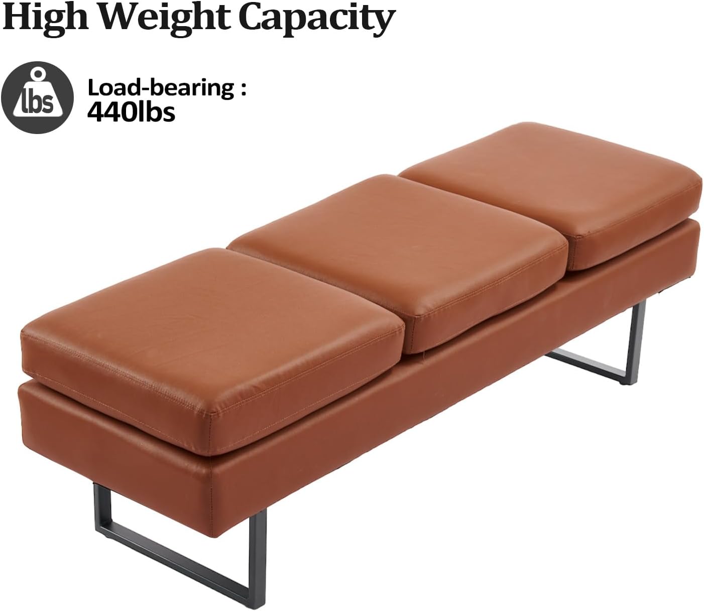 Waiting Room Bench Seating, Salon Reception Chairs 3 Seats Upholstered, 59.5''Heavy Duty Guest Lobby Chairs, Faux Leather Settee, Office Beauty Barbershop Furniture, Cognac
