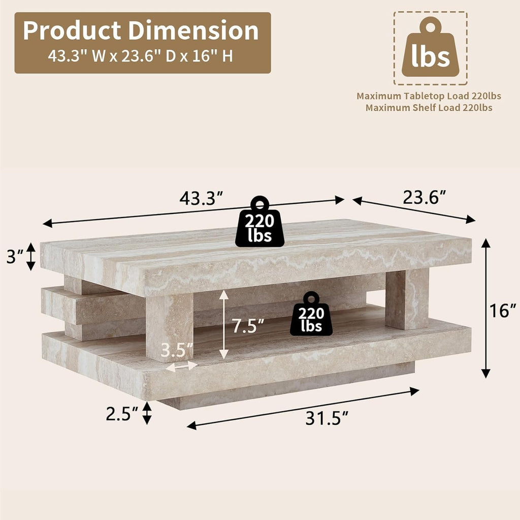 LKTART 43.3" Coffee Table, 2-Tier Stone Travertine Pattern Center Table with Open Storage, Mid Century Rectangular Wood Tea Table for Living Room, Bedroom, Office