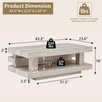 LKTART 43.3" Coffee Table, 2-Tier Stone Travertine Pattern Center Table with Open Storage, Mid Century Rectangular Wood Tea Table for Living Room, Bedroom, Office