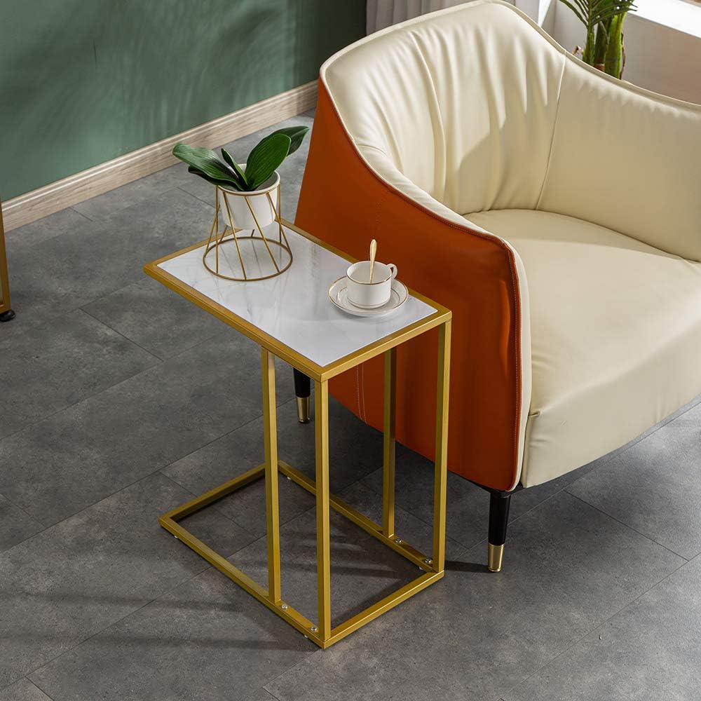 Marble Simple C-Side Table, C-Shaped Side Table for Couch - Small Coffee Stand Sofa Tray Desk with Metal Frame, Modern End Accent for Living Room, Bedroom, Small Spaces,Golden