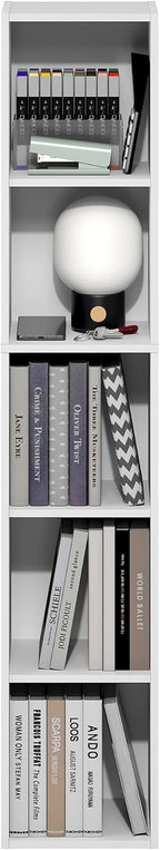 Furinno Fulda Book Shelf, 5-Tier Tall Narrow Bookshelf, Standing Bookcase with 10-in Width Storage Shelf, 9.3 x 9.8 x 51.9, for Organization Storage, for Living Room, Bedroom, Home Office, White