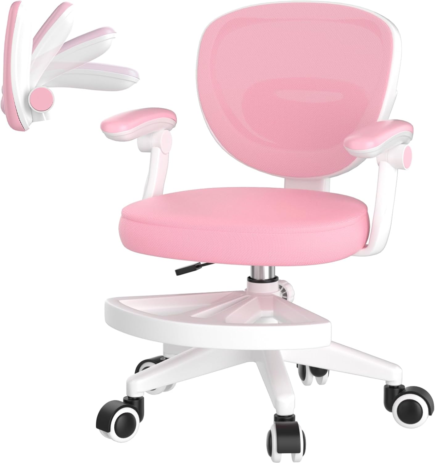 Adjustable Kids Desk Chair, Ergonomic Children Study Computer Chair with Footrest & Flip-up Armrest, Mesh Student Teen Task Chair with Wheels, Kids Office Chair for Boys Girls (Pink-White)