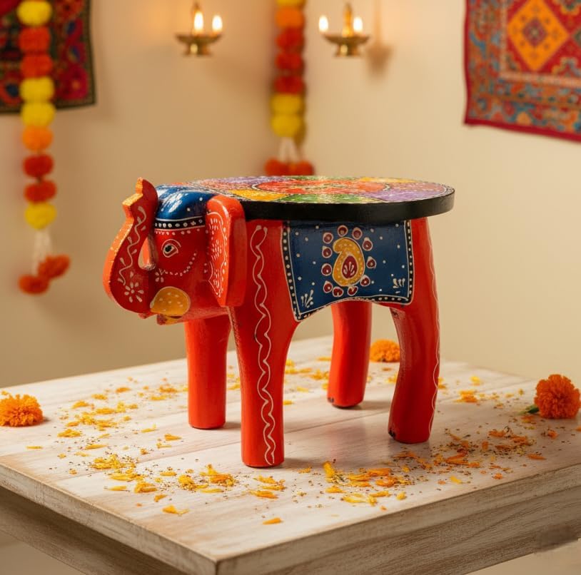 End Table, Handmade Wooden Elephant Side Table, Small Round End Table, Nightstand with Tapered Legs, for Small Spaces, Living Room, Bedroom, Wooden Stools (Red)