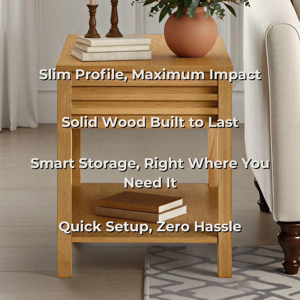 Martin Svensson Home Julian Genuine Oak Wood End Table, 20 Inch Square, Mid Century Modern Side Table with Drawer and Lower Shelf for Living Room, Light Oak Natural