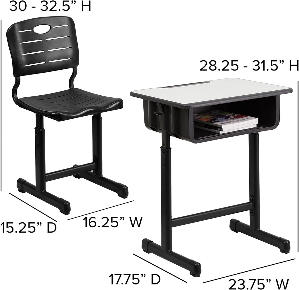 Flash Furniture Nila Set of 3 Adjustable Height Student Desks and Chairs with Black Pedestal Frames