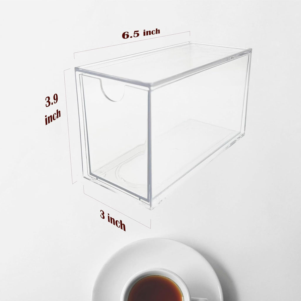 AZEZO 4-Pack Tea Bag Drawers Organizer - 4 Clear Plastic Drawer Tea Bag Holder; Stackable & Portable; Wider Size; Well-Organized Storage for Tea Bags & Kitchen Essentials