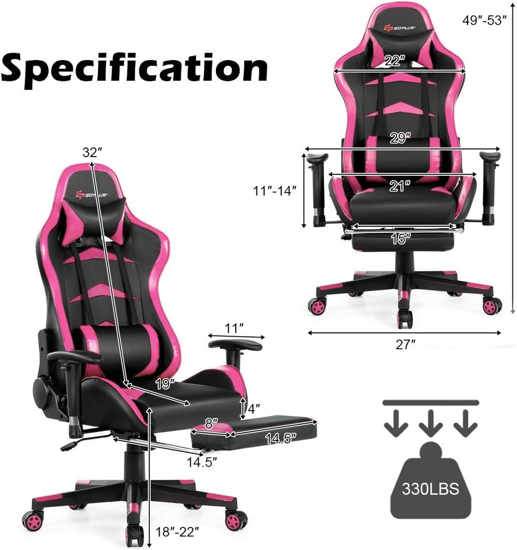 POWERSTONE Gaming Chair - Pink Ergonomic Gaming Chair with Footrest for Women Racing Esports Computer Chair High-Back Lumbar Massage Leather Recliner Rolling Swivel Chair (Pink)