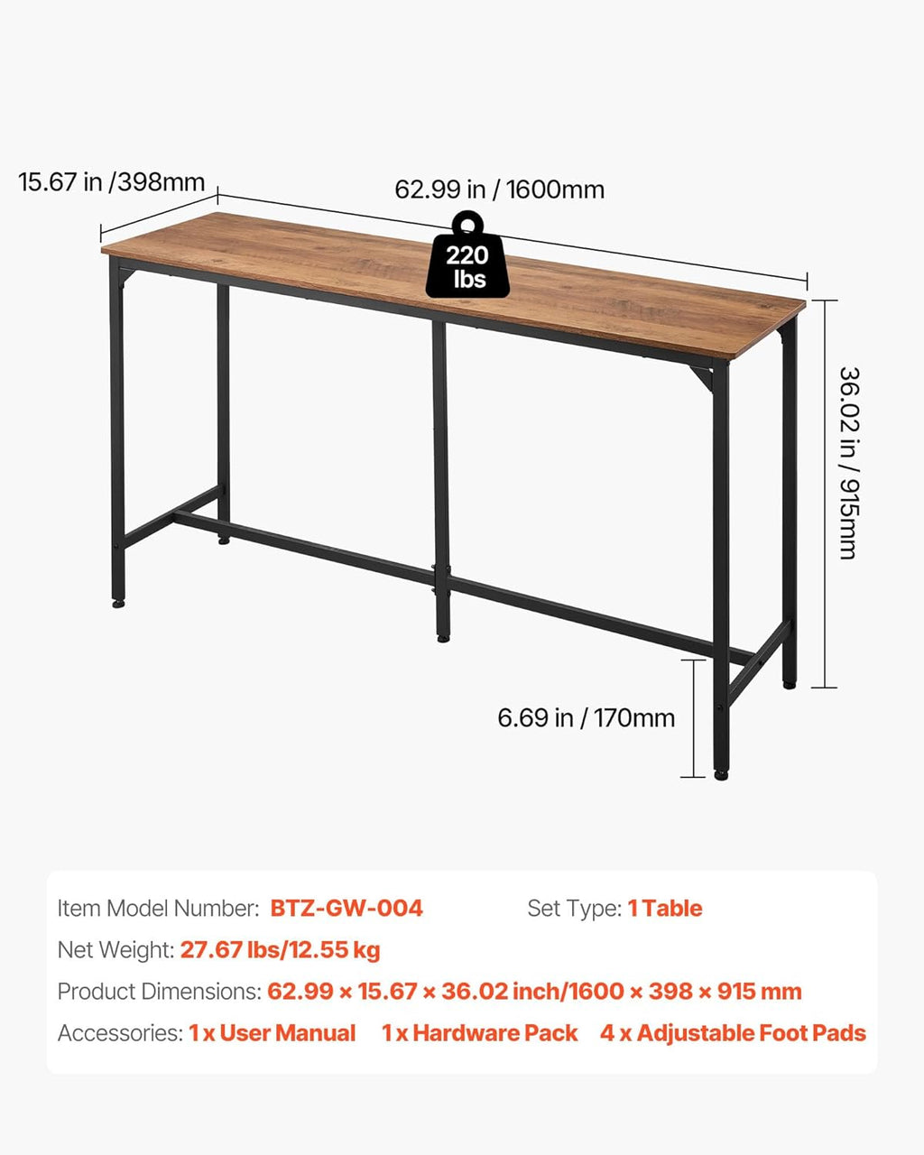 VEVOR Bar Table, Sturdy Metal Frame High Top Pub Table, Small Kitchen Dining, Cocktail Coffee Counter Bar Height Desk, Easy to Assemble, 63x16x36 in, for Living Room Party, Brown