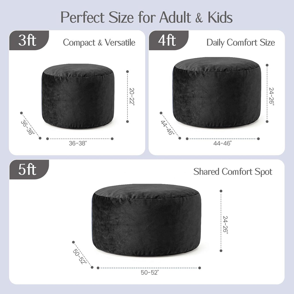5FT Bean Bag Chair for Adults, Gaint Bean Bag with Filling, Memory Foam Bean Bags with Ultra Soft Washable Dutch Velvet Cover, Beanbag for Living Room, Bedroom and Gaming Room -5 Foot, Black