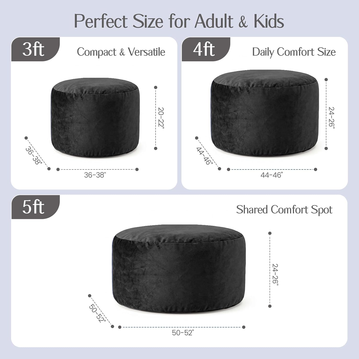 5FT Bean Bag Chair for Adults, Gaint Bean Bag with Filling, Memory Foam Bean Bags with Ultra Soft Washable Dutch Velvet Cover, Beanbag for Living Room, Bedroom and Gaming Room -5 Foot, Black