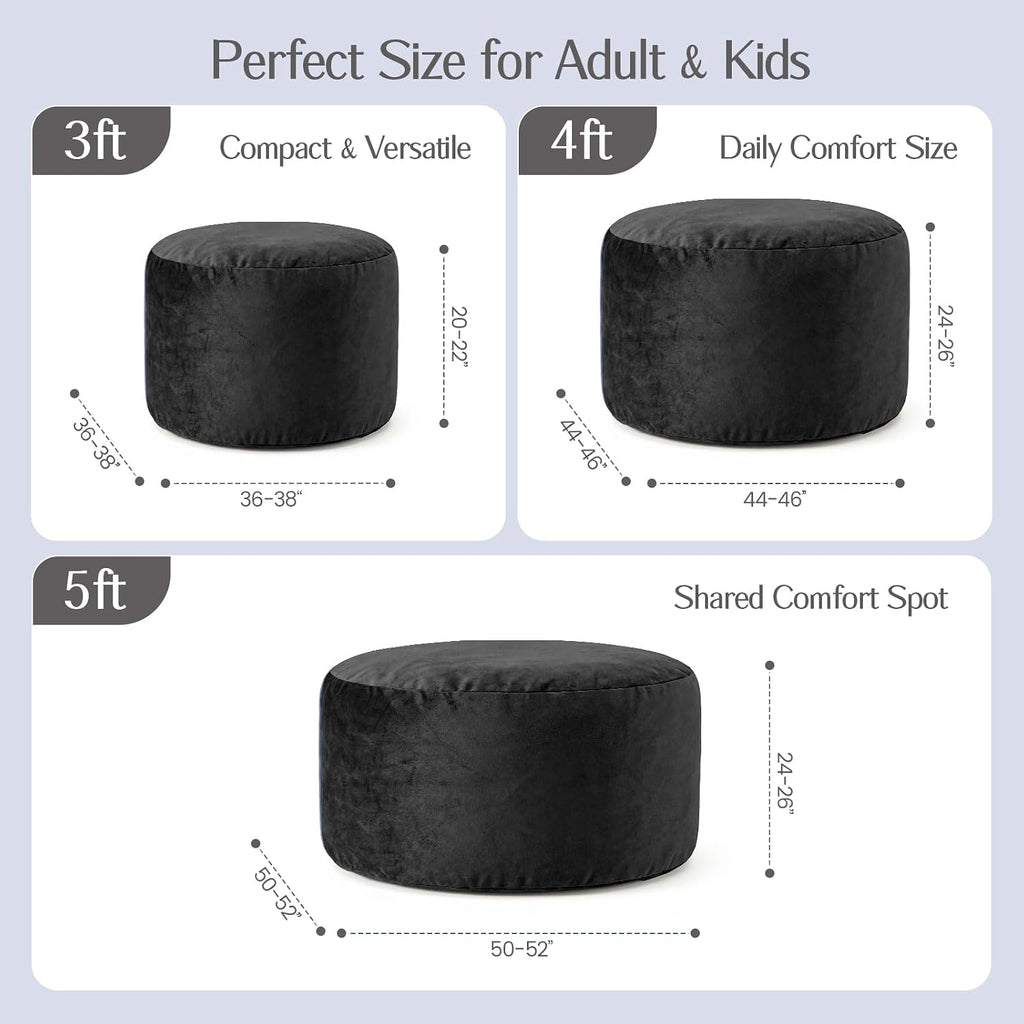 4FT Bean Bag Chair for Adults, Large Bean Bag with Filling, Memory Foam Bean Bags with Ultra Soft Washable Dutch Velvet Cover, Beanbag for Living Room, Bedroom and Gaming Room - Black