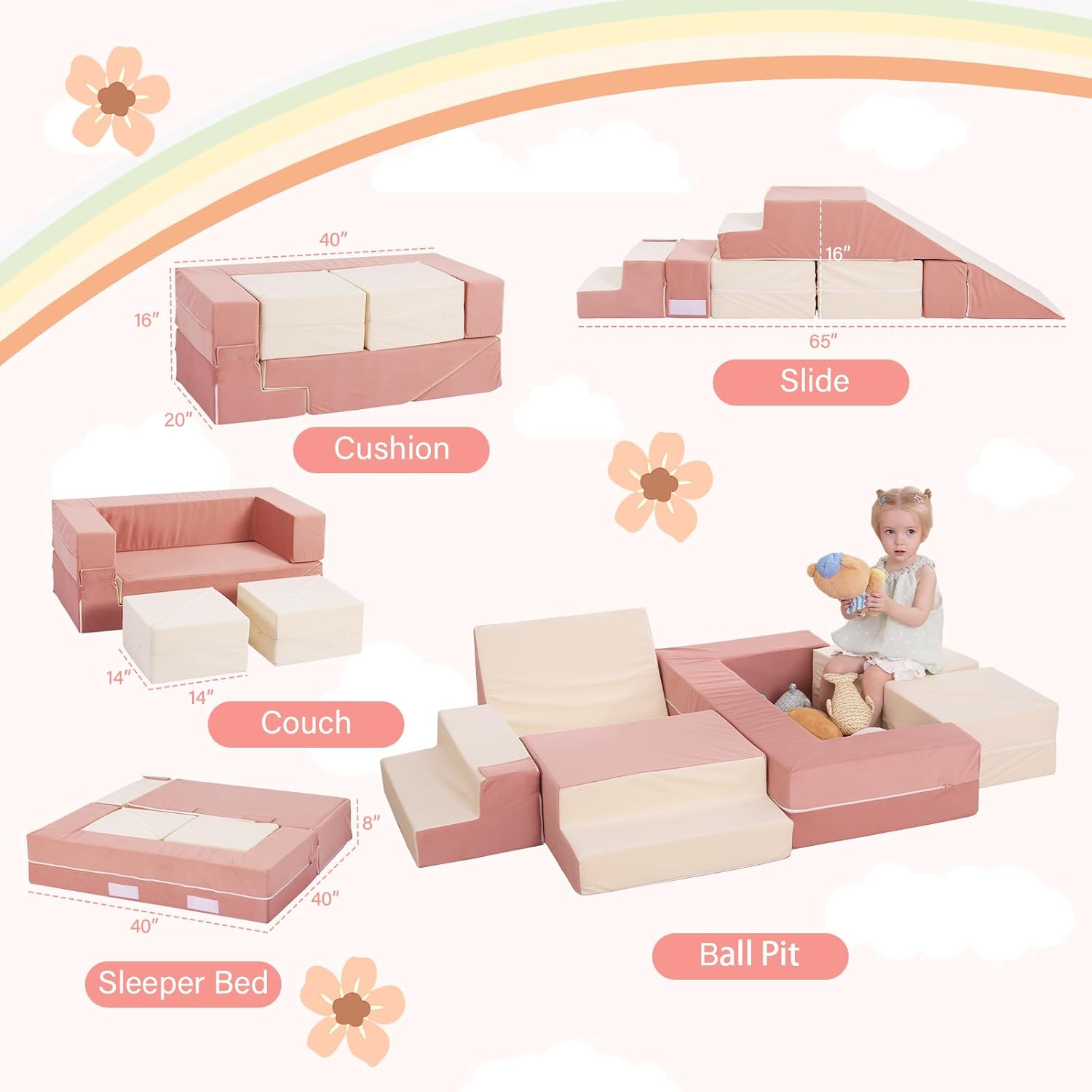 Kids Couch, Modular Toddler Couch for Playroom, Kids Sofa with Ottomans, Foam Play Blocks with Stair and Ramp, Convertible Plush Sofa, Removable Cover