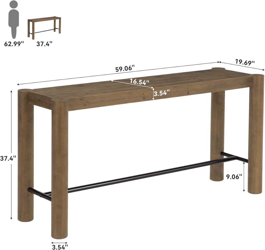 59-Inch Bar Table, Solid Wood Counter Height Dining Table with Metal Footrest, Modern Rustic Home Bar Unit for Kitchen, Living Room & Dining Room, Brown
