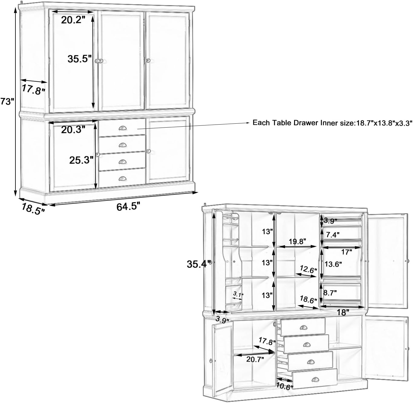 Freestanding Kitchen Pantry Organizers with Drawers, Wooden Cupboard with Door Shelves and Adjustable Shelves for Dining Room, Kitchen (White)