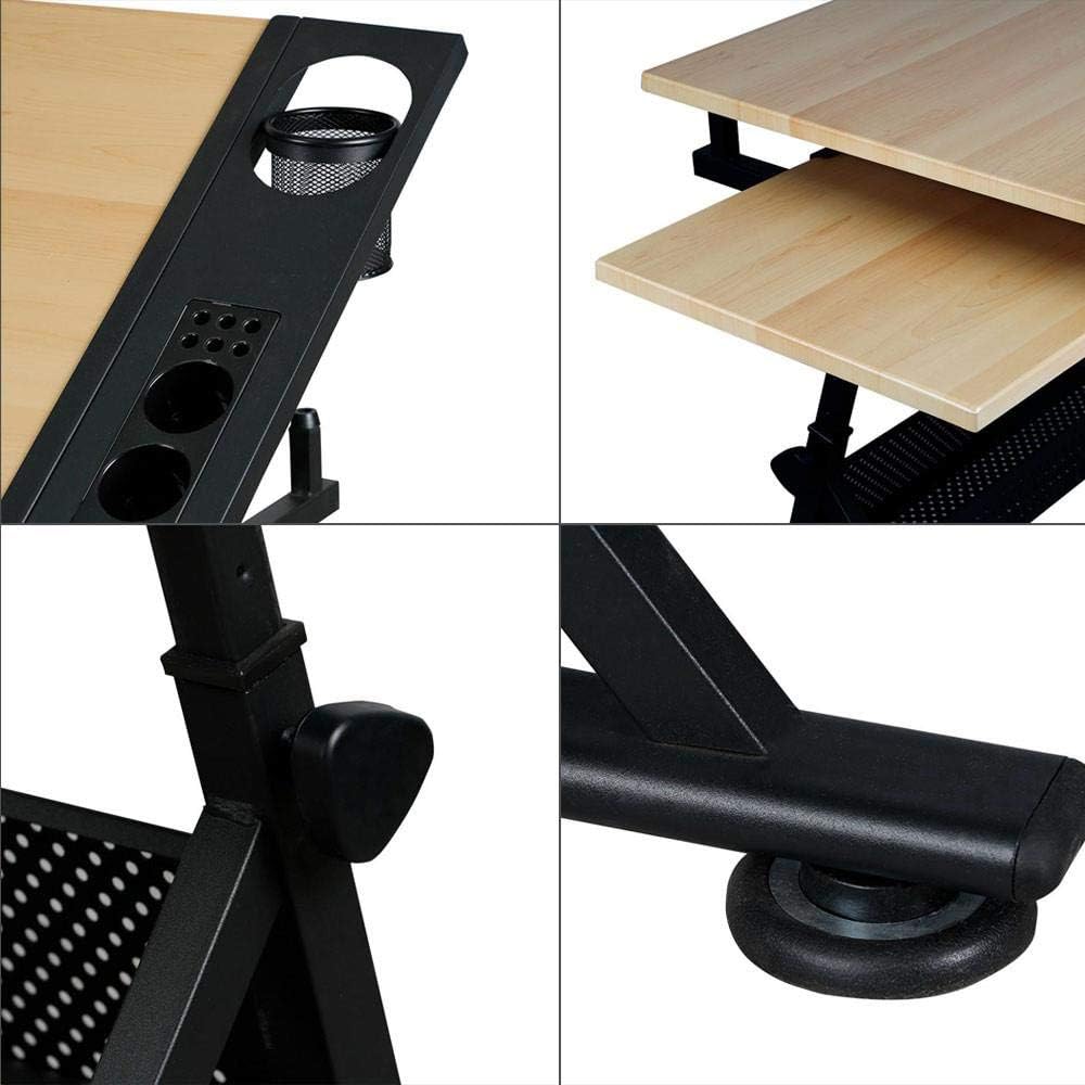 Yaheetech Height Adjustable Drafting Table Drawing Table Artist Desk Tilting Tabletop Art Craft Desk Watercolor Paintings Sketching Work Station w/2 Storage Drawers and Stool for Home Office