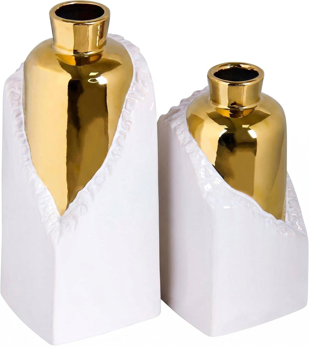 White and Gold Ceramic Vase Set, Modern Home Decor Flower Vases, 2-Piece Bud Vase for Living Room, Wedding & Hotel Dining Table Centerpieces, Fireplace or Bookshelf, 8.6" & 10.8" H